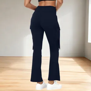 Back view of navy blue high-waisted flare yoga pants with cargo pockets for women