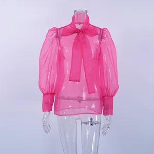 Detalle de blusa de malla rosa brillante con mangas abullonadas y un lazo grande