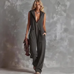 Women Retro Hooded V-Neck Zipper Jumpsuit Polyester Sleeveless Wide Leg Long Jumpsuit With Pockets Loose Casual Set Apparel