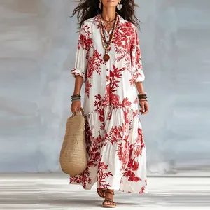 Robe longue bohème à fleurs avec manches longues et col à revers pour femme