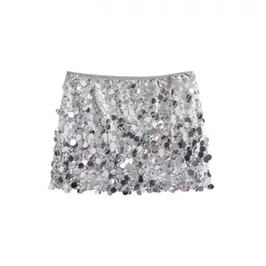Silver sequin mini skirt with high waist A-line design for a glamorous look.