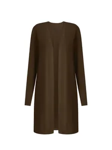 Front view detail of a solid brown long-sleeved open-front cardigan for women.