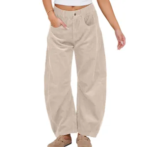 Women's high-waisted beige corduroy loose straight leg casual pants for autumn style