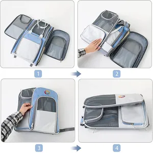 Guía paso a paso para plegar la mochila para mascotas de tela Oxford en color azul y gris