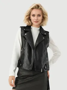 Short women's faux leather vest with lapels and zipper closure for autumn fashion