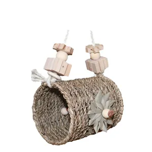 Handwoven grass bird nest hanging tunnel toy with wooden beads for parrots and finches