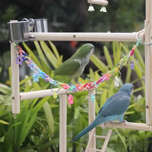 Détail du support de jeu en bois pour perroquets avec jouets colorés et bols inox.
