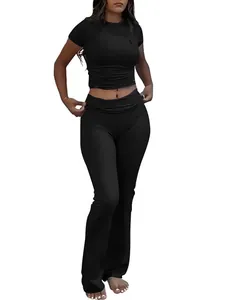 Women Short Sleeve Round Neck Crop Top And Flare Pants Sports Outfit Soft Polyester Spandex Leisure Exercise Yoga Suit