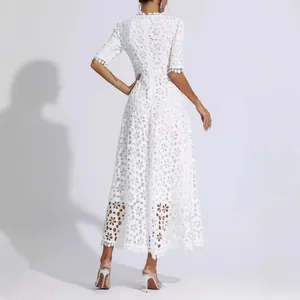 Elegant women's white floral lace midi evening dress with short sleeves and hollow out design