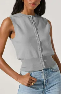 Close-up detail of grey sleeveless knit top featuring front buttons and ribbed hemline
