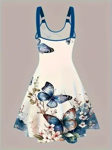 Vista detallada de un vestido de tirantes blanco con elegante estampado de mariposas.