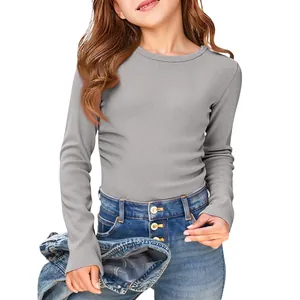 Close-up detail of grey long-sleeved ribbed T-shirt for girls showing slim fit texture