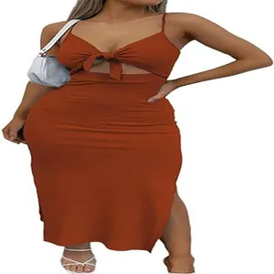 Detailed look at a burnt orange sleeveless knit bodycon maxi dress with waist cutout