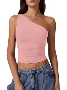 Sexiges, rosa einarmiges, ärmelloses Crop-Top in schmaler Passform mit eleganten Raffungen