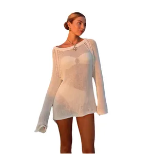 Elegant white knitted see-through crochet cover-up dress for sexy beach holiday