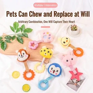 Set of six cartoon plush dog teething toys featuring colorful textured TPR chew rings