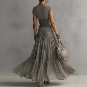 Elegant grey knit top and flowy pleated chiffon maxi skirt two-piece fashion set for women