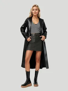 Stylish long black faux leather trench coat for women with a minimalist chic design