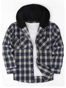 Detail view of stylish long-sleeved plaid shirt with a black drawstring hood and buttons.