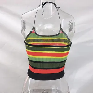 Close-up back view of a vibrant multi-colored striped knit halter crop top on a torso mannequin