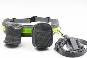 Hands-free dog leash set with waist belt pouch and bungee lead for running.