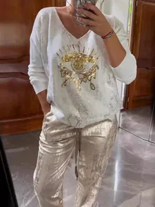 Elegant Polyester Eye Pattern Printed Sequin Top And Bottom V-Neck Long Sleeve Casual Set For Women Pants Suit Outfits