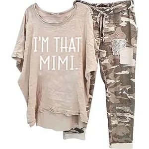 Women's casual two-piece set with a printed T-shirt and camouflage jogger pants.