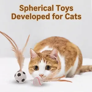 Interactive cat toy balls with feathers featuring soccer and baseball ball designs