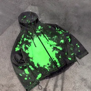 Detail of temperature-sensitive color-changing waterproof jacket with green splatter