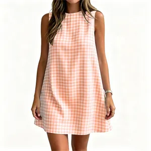 Front view of an orange and white gingham sleeveless crew neck summer dress for women