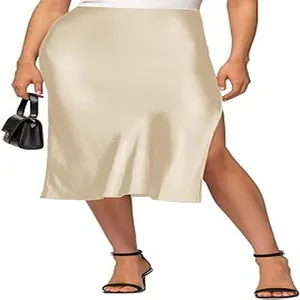 Elegant champagne satin midi skirt featuring a high waist and a stylish side slit design
