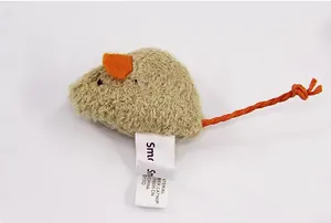 Detailed macro view of a plush mouse cat toy featuring a catnip-infused fabric label.