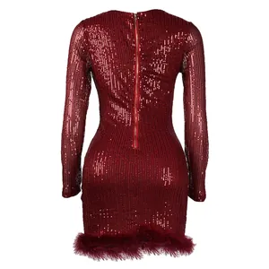 Back view detail of red sequin mini dress with gold zipper and feather trim finish