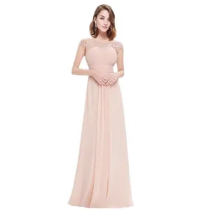 Elegant sleeveless peach pink lace top maxi dress for bridesmaids and evening parties