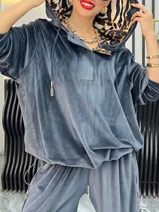 Élégant survêtement en velours bleu pour femme avec doublure de capuche léopard