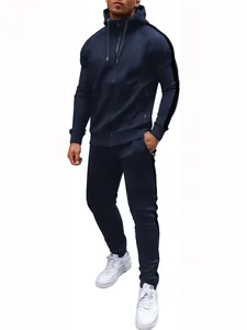 Men's navy blue sports tracksuit with zippered hoodie and matching side-stripe joggers