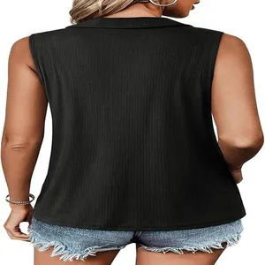 Back detail of a women's black ribbed knitted sleeveless vest with casual lapel