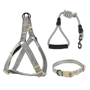 Detailed view of the grey heathered dog harness leash and collar set components