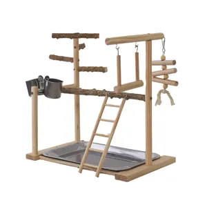 Supporto grande per pappagalli in legno naturale con scala, altalena e vassoio metallico