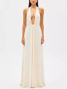 Sexy Deep V Neck Halter Maxi Dress Women Sleeveless Backless Ruched Solid Color Evening Party Banquet Bodycon Dress