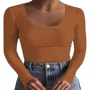 Close-up of women's ribbed long sleeve T-shirt with a flattering scoop neckline