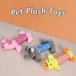 Detail view of three colorful striped squeaky plush toys for dogs in pig and duck shapes