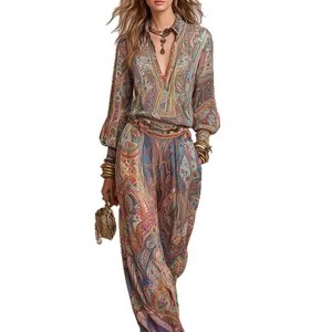 Bohemian paisley print two-piece set with v-neck top and stylish wide-leg trousers