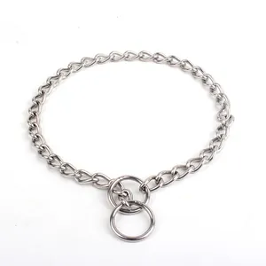 Durable silver stainless steel double ring dog training P-chain collar on white background