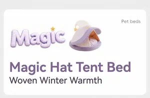 Detalle de cama de tienda para mascotas con forma de sombrero mágico morado