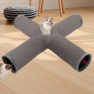 Foldable 4-way grey suede cat tunnel toy for indoor cats play