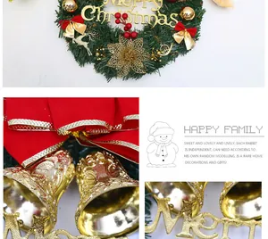Close-up details of Christmas wreath featuring gold bells and red ribbon decorations