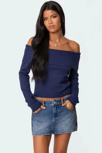 Elegant navy blue off-the-shoulder long sleeve knit sweater for a stylish casual look