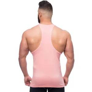 Detailed back view of a pink men's bodybuilding stringer tank top with Y-back racerback