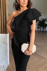 Detail view of elegant black one-shoulder dress with ruffled sleeves for evening wear.